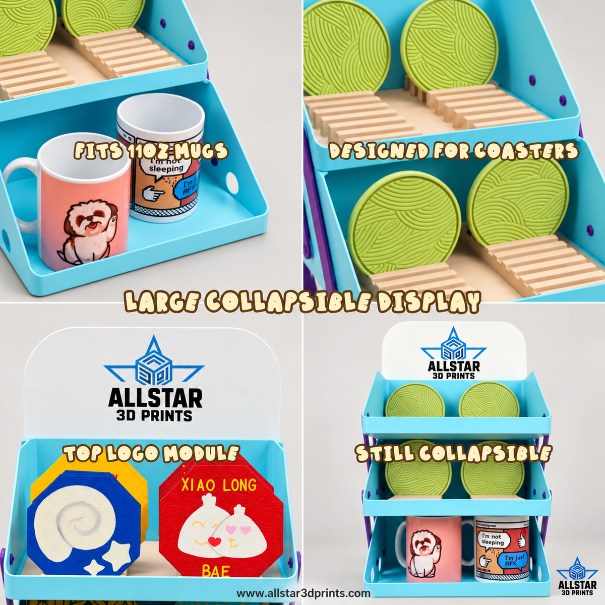 AllStar Coaster slots, mug tray, logo topper and collapsed display details