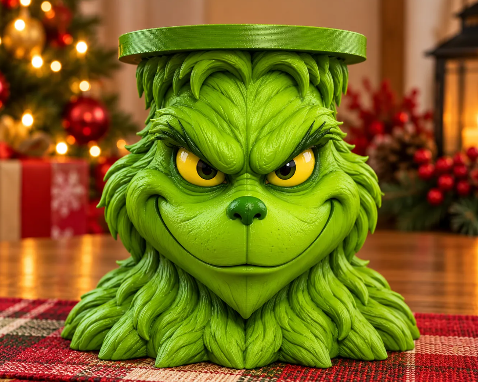 Green Grinch head candle holder with a round platform on top